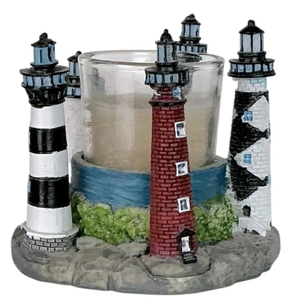 Lighthouse Candle Holder Figurines Outer Banks Nautical Collectible Vintage 3 PC